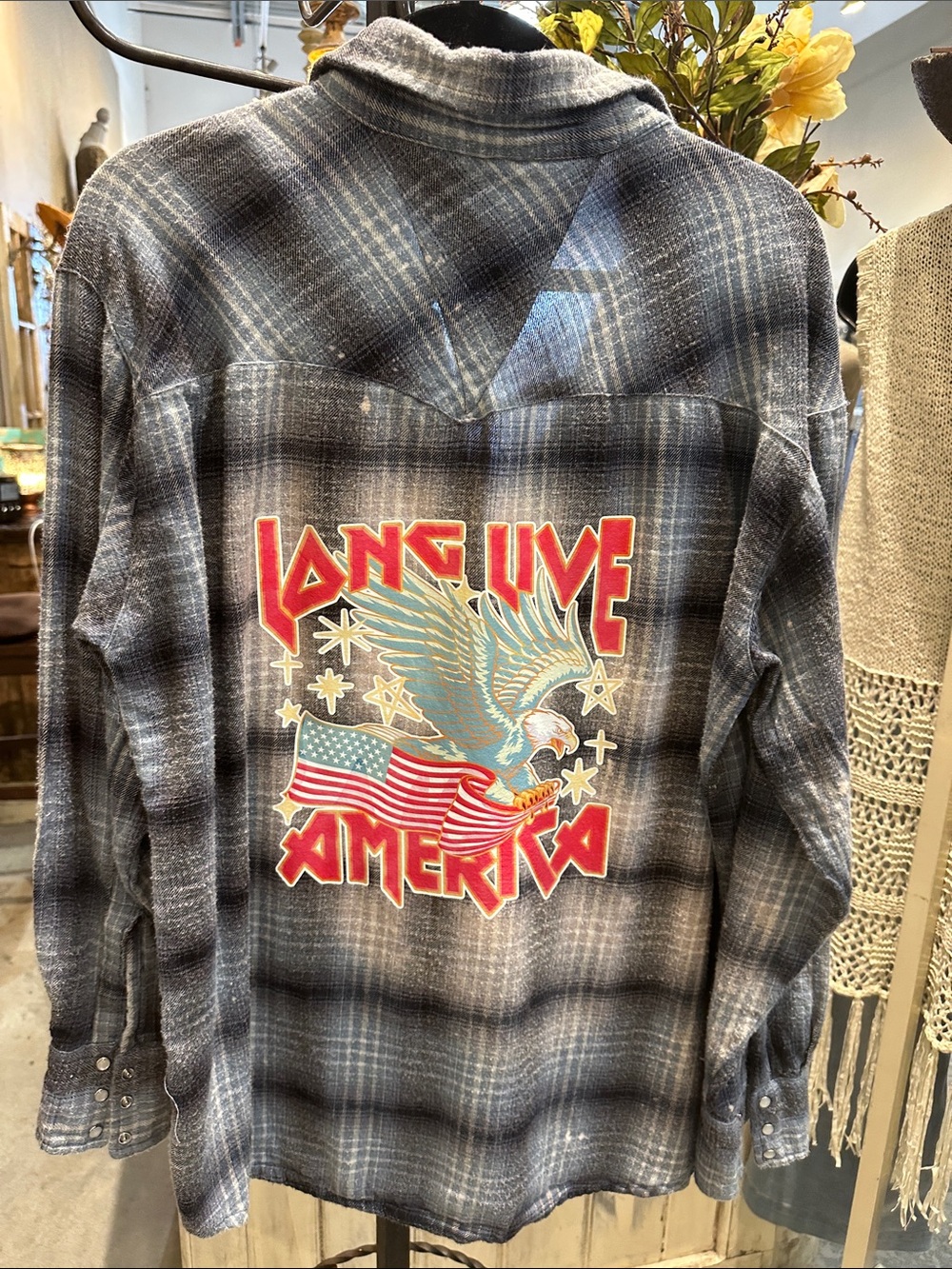 Long Live America Graphic Plaid Shirt Jacket - Blue